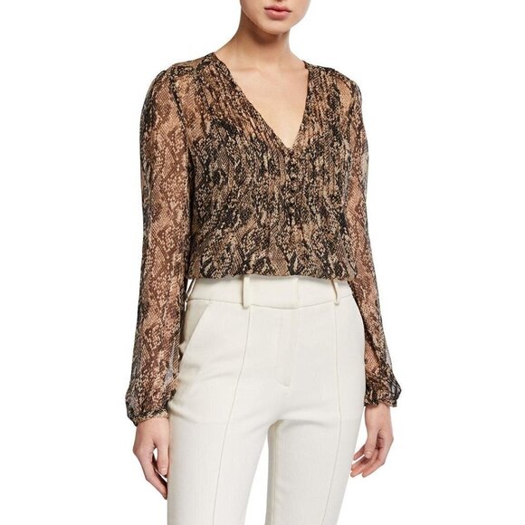 Veronica Beard Lowell Silk Snake Priht Pintuck Blouse Nude Womens Size 4 - Picture 12 of 12